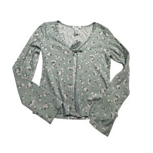 White‎ Fawn Sage Green Floral Ribbed Tie Front Cardigan Top Womens Large